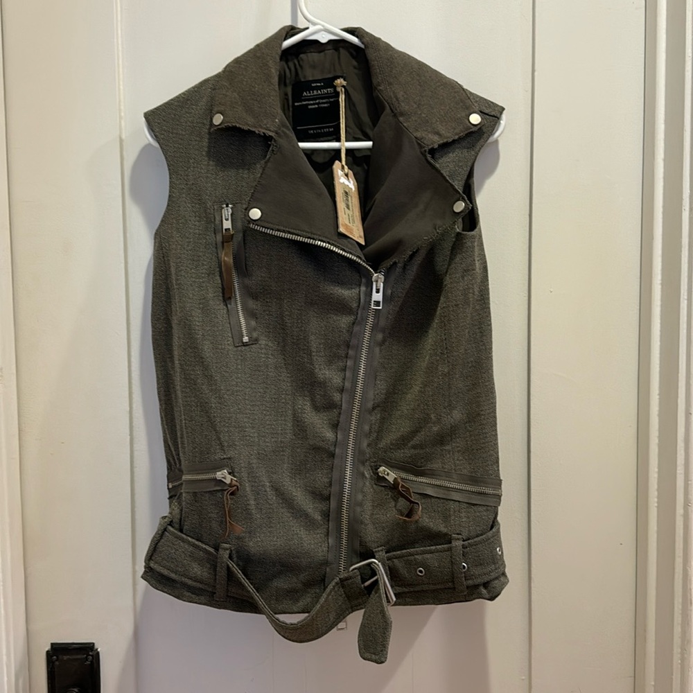 AllSaints vest with deliberately frayed edges belt asymmetrical zip size 2, NWT
